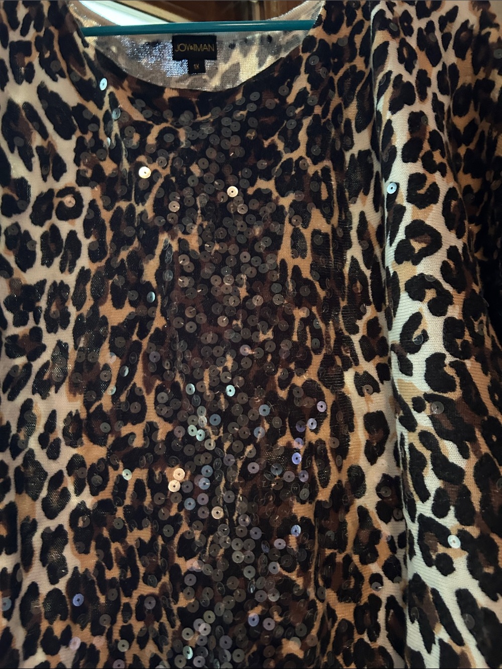 Leopard Print Sequin-Front Blouse - Black & Tan - Picture 3 of 5